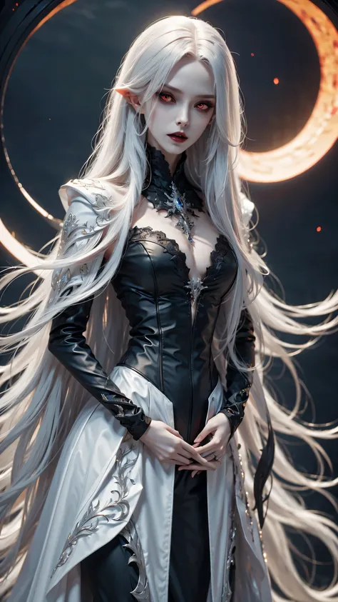 (best quality,4k,8k,high resolution,masterpiece:1.2),Super detailed,(actual,photoactual,photo-actual:1.37),gothic style,The atmosphere is gloomy,dark shadow,weird,unforgettable beauty,vampire girl,red eyes,Pale complexion,long hair,flowing long skirt,night...