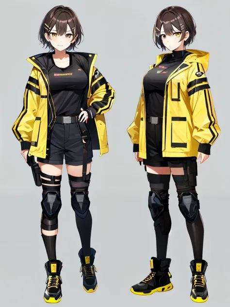 1girl with brown hair and yellow eyes, short hair, hairclips, pixie cut, straight bangs, hair between breasts, yellow jacket, black jacket, tactical jacket, shorts, techwear, knee guard, shoulder guard, light smile, full body, standing, hand on hip, milita...