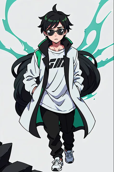 create an anime drawing of a male character with black pants, white sneakers and a white shirt , green coat and black and green hair and white-rimmed sunglasses