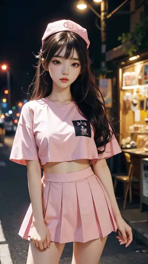 beautiful korean girl looks like 4D painting, 25 yo, (1 girl, standing) (view), straight parting hair, hair bang, hair pin, ideal tits, pink fitted t-shirts, stomach, mini skirt, legs, night, park background, vibrant colours, studio light, ultra detailed, ...