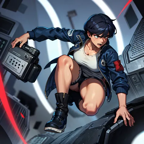 Masterpiece, Best Quality, Ultra-Detailed, 1girl, solo, (red bandanna on head:1.0), black hair, blue eyes, ((freckles:1.0)), freckles on face, blue eyes, serious expression, action shot, fight pose, serious expression, black tanktop, dark blue cargo pants,...