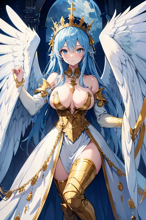 4k,High resolution,one woman,harpy,blue hair,long hair,big breasts,white wings,golden toenails,White nun dress,white holy armor,gold crown,jewelry embellishments,castle in the sky