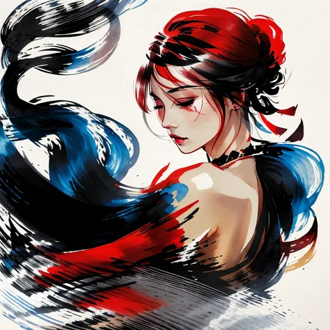 a painting of a woman in red with black hair, in the style of delicate ink washes, epic fantasy scenes, chinese painting, splattered/dripped, white background, traditional costumes, soft focus lens