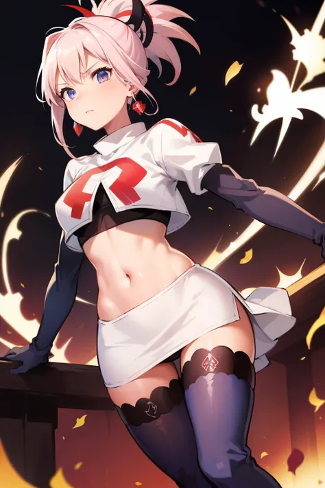 miyamotomusashi, miyamoto musashi, asymmetrical hair, blue eyes, earrings, hair ornament, pink hair, ponytail, sidelocks,team rocket,team rocket uniform, red letter R, white skirt,white crop top,black thigh-highs,black elbow gloves