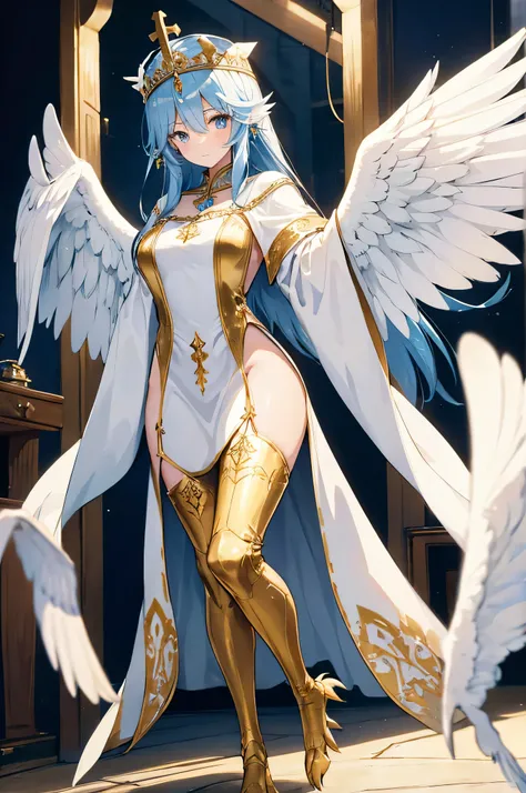 4k,High resolution,one woman,harpy,blue hair,long hair,white wings,golden toenails,White nun dress,white holy armor,gold crown,jewelry embellishments,castle in the sky