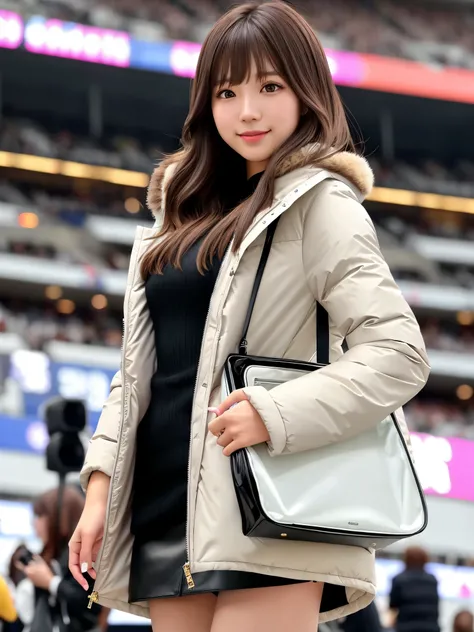 product quality, 1 girl, cowboy shot, front view, a Japanese young pretty girl, long bob hair, standing with a big smile in crowded audience seats in a football stadium in a big city, shiny satin white down parka over a black sweater, black miniskirt, a to...