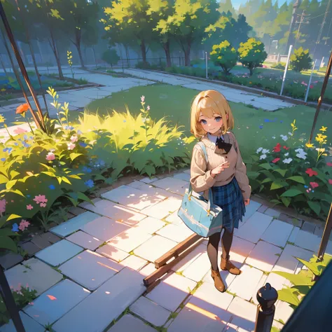 (high quality, High resolution, Super detailed, reality:1.37), peaceful atmosphere, (outdoors, garden), teenage girl standing alone, (big chest.), beautiful detailed features, cute smile, (blonde bob hair), ribbed sweater, blue plaid skirt, black tights, b...