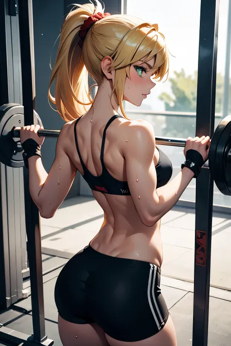 A girl with {mordred_fgo:1.15}, beautiful green eyes, a ponytail tied with a red scrunchie and a sexy and confident appearance. She has a figure with , blonde hair, a muscular fitness body with very small breasts and a perfect toned ass . Her face is blus...