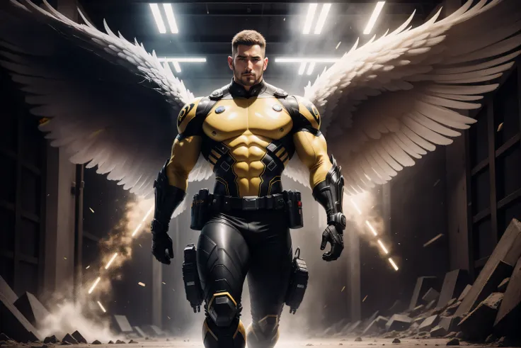 Tall giant muscular police officer，Black and yellow honeycomb network pattern nano mecha，Extra Archangel Aurora Mechanical Wings，character concept（Resident Evil - chris redfield，chris redfield）senior police officer，small grid texture，regular symmetrical te...