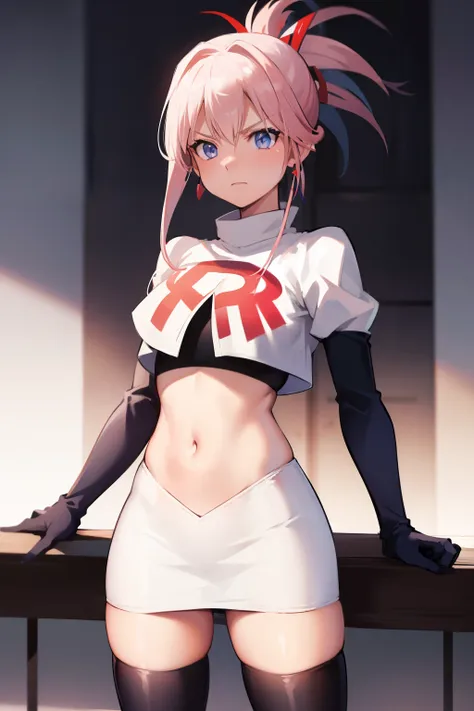 miyamotomusashi, miyamoto musashi, asymmetrical hair, blue eyes, earrings, hair ornament, pink hair, ponytail, sidelocks,team rocket,team rocket uniform, red letter R, white skirt,white crop top,black thigh-highs,black elbow gloves