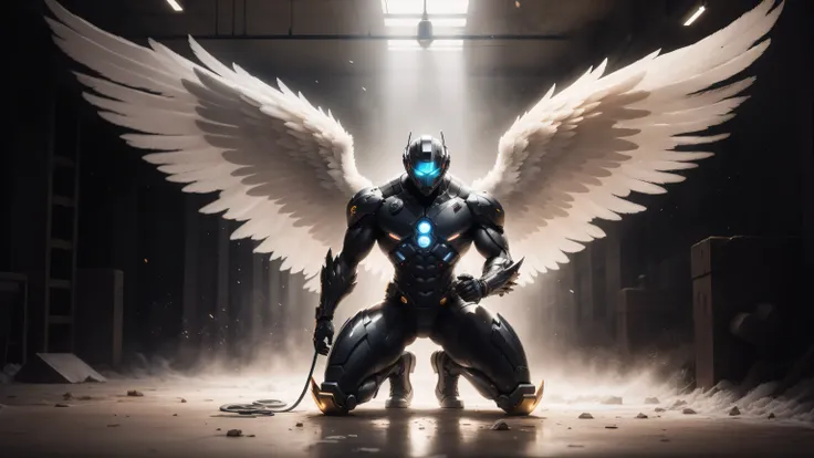 1 Muscular male angel wearing a technological helmet，He knelt down on one knee，Black and yellow honeycomb network pattern nano mecha，huge black angel wings，Mechanical helmets，small grid texture，regular symmetrical texture pattern，heroic male pose，高大burly，m...