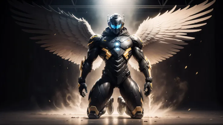 1 Muscular male angel wearing a technological helmet，He knelt down on one knee，Black and yellow honeycomb network pattern nano mecha，huge black angel wings，Mechanical helmets，small grid texture，regular symmetrical texture pattern，heroic male pose，高大burly，m...