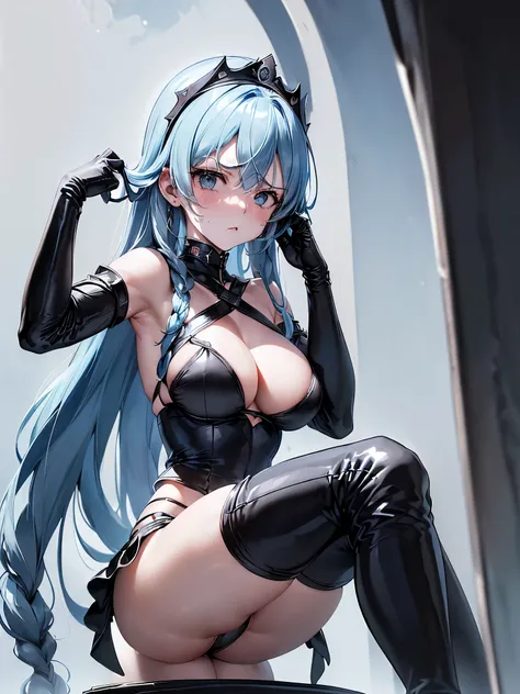 pieces fly, highest quality, 1 girl,light blue hair, (black eye:1.2),((((black underwear))))、((first round))、((embarrassed look))、((full moon))、((Photo from below))、(((thigh high boots)))、((long hair))、((black long gloves))、((kneel down))、((black panties))...