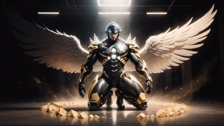 1 Muscular male angel wearing a technological helmet，He knelt down on one knee，Black and yellow honeycomb network pattern nano mecha，huge black angel wings，Mechanical helmets，small grid texture，regular symmetrical texture pattern，heroic male pose，高大burly，m...