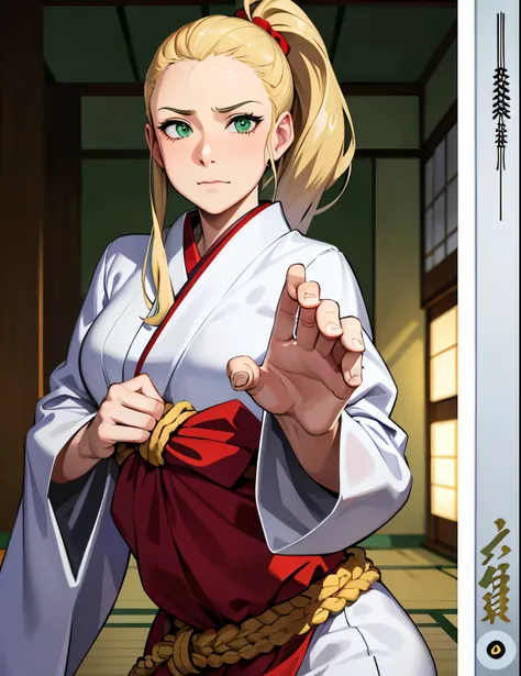 Masterpiece, Best Quality, Ultra-Detailed, 1girl, adult, solo, blonde hair, long hair, ponytail, green eyes, bandages on chest, Traditional Japanese Clothing, traditional japanese pants, fight pose, neutral expression, looking at the viewer, half body shot