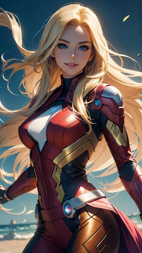 (best quality,ultra-detailed,photo-realistic:1.37),bright and vibrant colors,studio lighting,playful expression,stylish makeup,long blonde hair flowing in the wind,alluring eyes,glossy lips,sexy pose, 1945, Marvel Avengers, smiling in a confident and seduc...