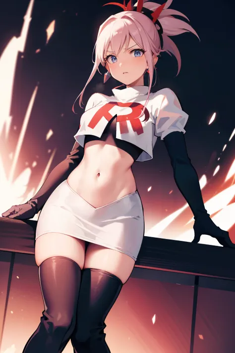 miyamotomusashi, miyamoto musashi, asymmetrical hair, blue eyes, earrings, hair ornament, pink hair, ponytail, sidelocks,team rocket,team rocket uniform, red letter R, white skirt,white crop top,black thigh-highs,black elbow gloves