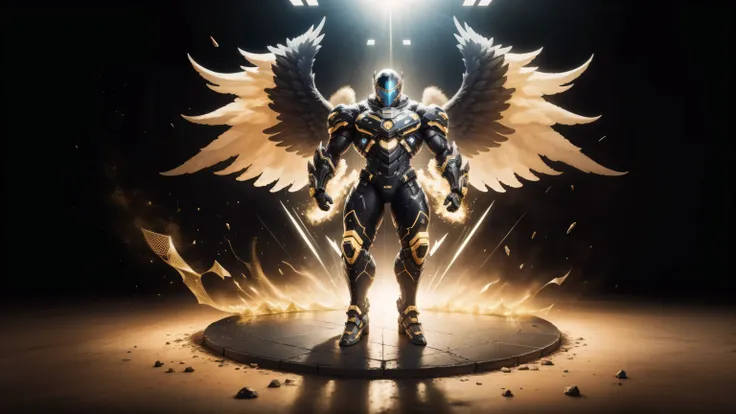 1 Muscular male angel wearing a technological helmet，He knelt down on one knee，Black and yellow honeycomb network pattern nano mecha，huge black angel wings，Mechanical helmets，small grid texture，regular symmetrical texture pattern，heroic male pose，高大burly，m...