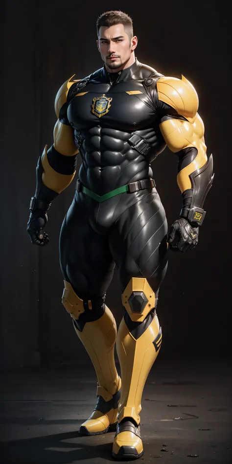 Tall giant muscular police officer，Grid black and yellow honeycomb network pattern nano mecha，honeycomb pattern，Lightweight texture，character concept（Resident Evil - chris redfield，chris redfield）senior police officer，small grid texture，regular symmetrical...