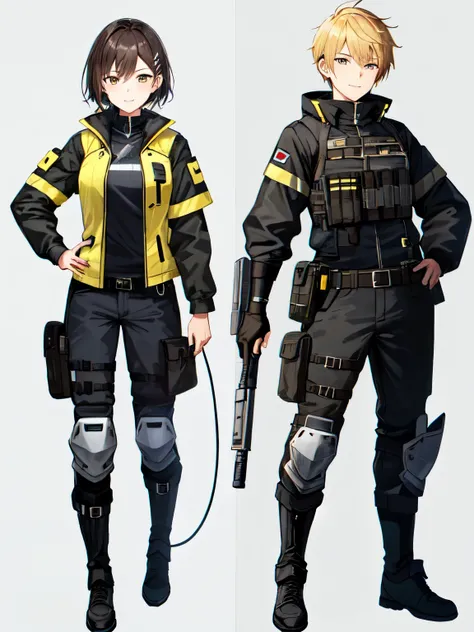 1girl with brown hair and yellow eyes, short hair, hairclips, pixie cut, straight bangs, hair between breasts, yellow jacket, black jacket, tactical jacket, armored vest, shorts, techwear, knee guard, shoulder guard, light smile, full body, standing, hand ...