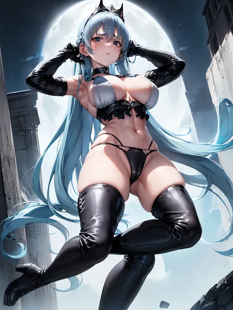 pieces fly, highest quality, 1 girl,light blue hair, (black eye:1.2),((((black underwear))))、((first round))、((embarrassed look))、((full moon))、((Photo from below))、(((thigh high boots)))、((long hair))、((black long gloves))、((kneel down))、((black panties))...