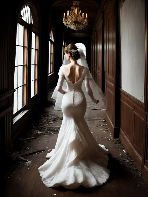 A ghostly bride wandering the halls of a dilapidated mansion, her ethereal form glowing softly in the dark, the intricate details of her Victorian gown and the surroundings hinting at a tragic, romantic backstory.