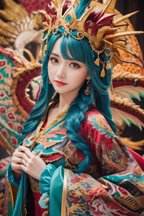 ( absurdly , high quality , Super detailed,See photographer ),Queen of Wind detailed and beautifully colorful patterned dragon costume,