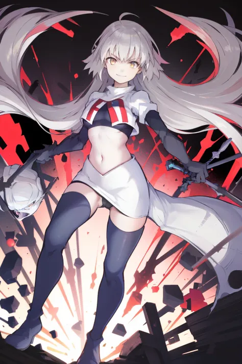 A3rd, 1girl, solo, weapon, smile, sword, looking at viewer, holding, panties, holding weapon, holding sword, sideboob, floating hair, team rocket,team rocket uniform, red letter R, white skirt,white crop top,black thigh-highs ,black elbow gloves
 