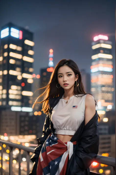 A modern-day warrior woman draped in her countrys flag, standing atop a hill with a cityscape below, the scene rendered in dramatic lighting that emphasizes her strength and the dynamic composition of the patriotic theme.