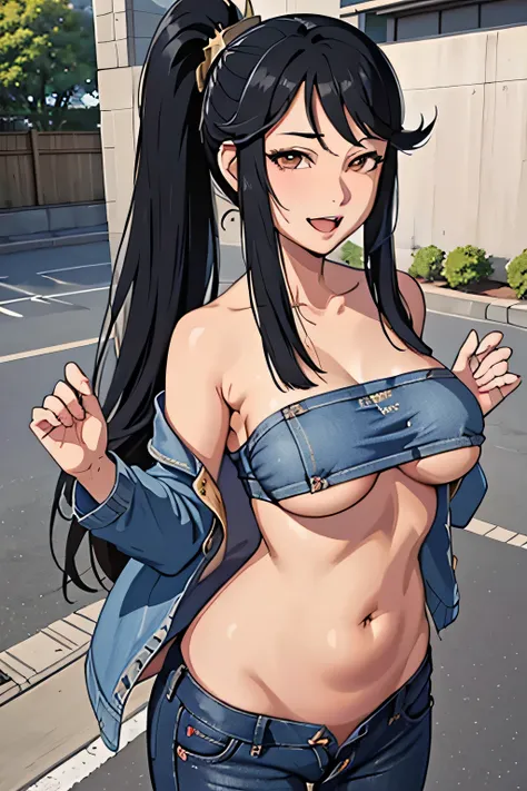 feMikoto, ponytail, large breasts, japanese architecture, masterpiece,high quality,4k, bare shoulder,belly,crop top,outdoor,cleavage,jeans,casual dress,street,road,smile, open mouth, (nsfw) not safe for work, holding a gun,handgun, evil expression, exposed...