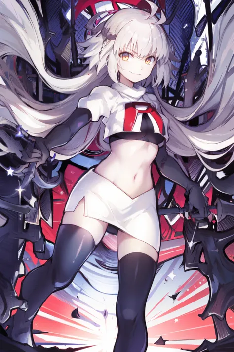 A3rd, 1girl, solo, weapon, smile, sword, looking at viewer, holding, holding weapon, holding sword, sideboob, floating hair, team rocket,team rocket uniform, red letter R, white skirt,white crop top,black thigh-highs ,black elbow gloves
 