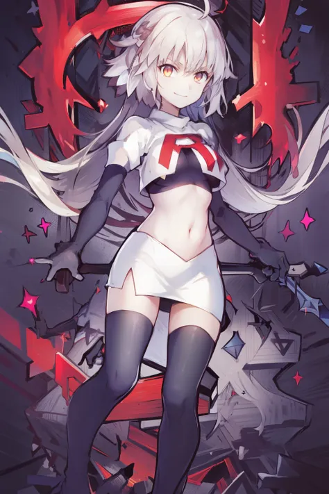 A3rd, 1girl, solo, weapon, smile, sword, looking at viewer, holding, holding weapon, holding sword, sideboob, floating hair, team rocket,team rocket uniform, red letter R, white skirt,white crop top,black thigh-highs ,black elbow gloves
 