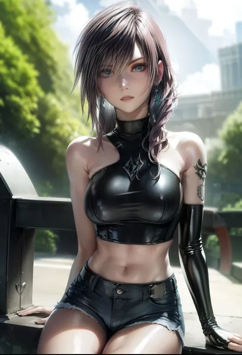 8k, highres, ultra detailed, (masterpiece:1.4), best quality, symmetrical body, (black latex strapless crop top:1.4), (jeans shorts:1.4), choker, cute, solo, earrings, short hair, blue hair, blue eyes, glow effect, finely eye, detailed face, looking at vie...