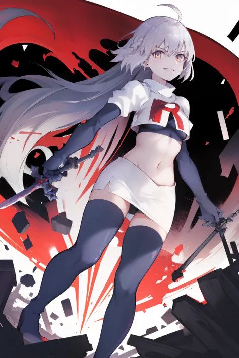 A3rd, 1girl, solo, weapon, smile, sword, looking at viewer, holding, holding weapon, holding sword, sideboob, floating hair, team rocket,team rocket uniform, red letter R, white skirt,white crop top,black thigh-highs ,black elbow gloves
 