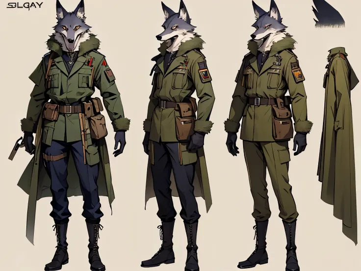 a skinny furry wolf with thin arms and legs, com uma roupa de soldado da segunda guerra mundial