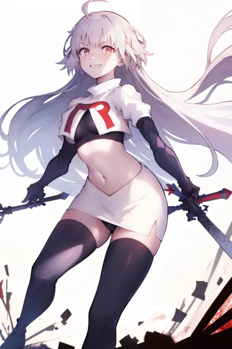 A3rd, 1girl, solo, weapon, smile, sword, looking at viewer, holding, holding weapon, holding sword, sideboob, floating hair, team rocket,team rocket uniform, red letter R, white skirt,white crop top,black thigh-highs ,black elbow gloves
 