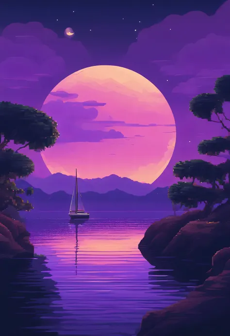 Pixel art of giant purple moon rising on calm sea, purple detailed sky, small sailboat on water watching the sunrise, beautiful detailed pixel art, detailed pixel art, lo-fi retro videogame, concept pixelart, detailed pixel artwork, Pixel art style, pixel ...