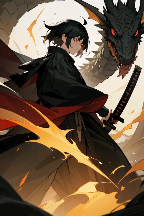 Young adult, Male, Black Poncho with a dragon symbol on it, Black Hair, katana, Medieval Background, Masterpiece Quality, Perfect Generation.