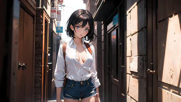 ((1girl)), one beautiful girl, detailed beautiful hair, detailed beautiful eyes, short black hair, unbuttoned white shirt, no bra, jean shorts,, standing, cowboy shot, cinematic lighting, dramatic lighting,