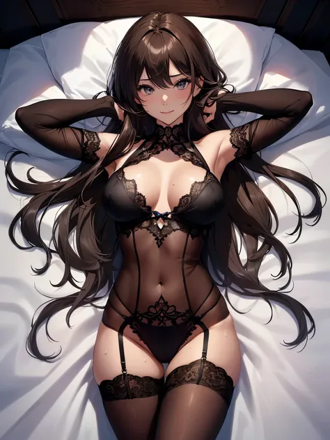 highest quality、Highest image quality、masterpiece、(Angle seen from directly above、lie on bed 1.3,) ,gravure shot、full body stockings、Super beautiful woman sleeping on the bed((22 years old OL big bust、bust 100,beautiful long ironed hair、brown hair、slender、...