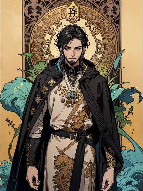 (Flat color:1.1),(Colorful:1.3),(Masterpiece:1.2), tarot: Pirate, Best quality, Masterpiece, Original, 1 male, manacle tattoos on wrists, scruffy black hair, short chinstrap beard, smirk, (black leather cloak)，(all black clothing), Full body photo of men，V...