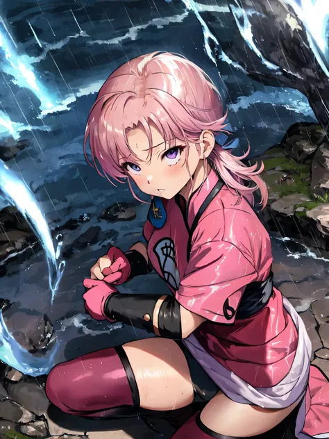 (table top, highest quality:1.1), (make a fist, squatting position), dragon questマアム, dragon quest, 1 girl, alone, (((rain))), (((rainに濡れて))), You can see the shape of the nipple, sexy panties, short hair, pink hair, parted bang, Good cover,:1.1, fingerles...