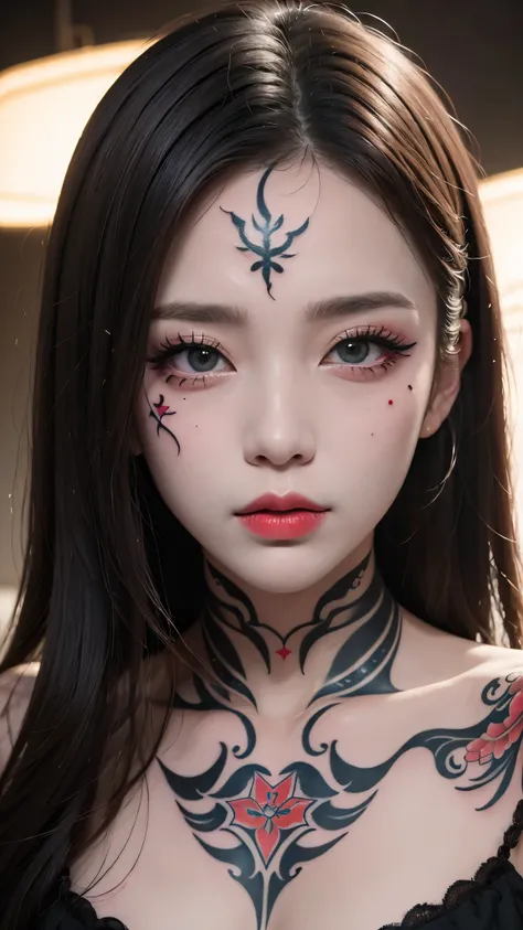 masterpiece, masterpiece, masterpiece_portrait, distinct, distinct_image, highres, high_resolution, high_quality, high_quality_anime, super_detail, hyper_detail, ultra high definition, Super facial detail, 페이스 art, 알굴 make up, pale face, red lips, 이마 make ...