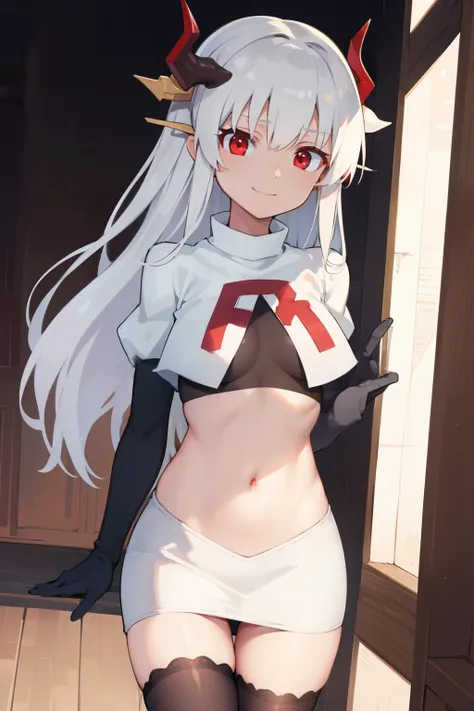 kiyohime, kiyohime, white hair, dragon girl, dragon horns, horns, long hair, (red eyes:1.5), smile, (small breast:1.2),
BREAK team rocket,team rocket uniform, red letter R, white skirt,white crop top,black thigh-highs ,black elbow gloves
BREAK looking at v...