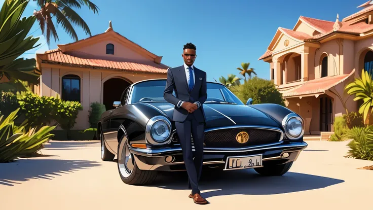 A handsome African young man well dressed with a tie, standing next to a luxurious car, in front of a beautiful villa house, next to a beach (comic art style), full color, hand drawn, bright vector, portrait of a dark-skinned, black.