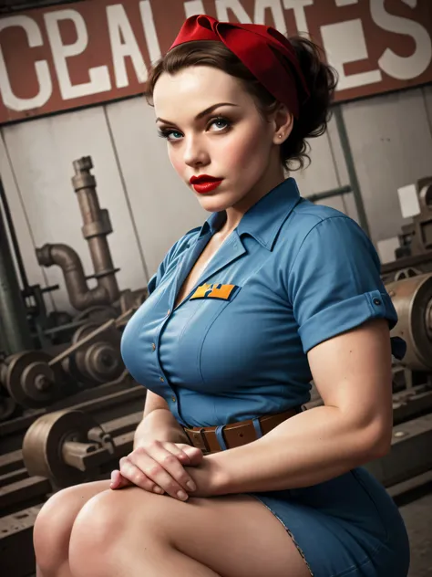 a rosie the riveter-inspired pin-up, her outfit and pose echoing the iconic image, set against a backdrop of a 1940s factory, th...