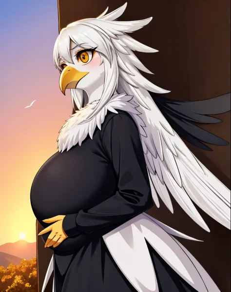 masterpiece, best quality, ultra-detailed, 1woman, 30 years old, tall, bird furry, anthro bird girl, white feathers, black beak,...