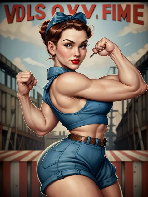 a rosie the riveter-inspired pin-up, her outfit and pose echoing the iconic image, set against a backdrop of a 1940s factory, th...