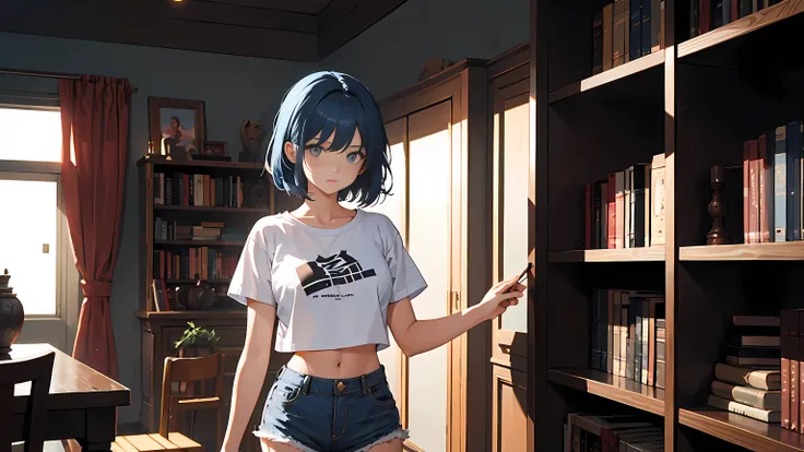 ((1girl)), one beautiful girl, detailed beautiful hair, detailed beautiful eyes, short blue hair, white crop top t-shirt, no bra, jean shorts, standing, cowboy shot, bookshelves, cinematic lighting, dramatic lighting,