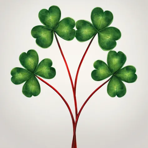 3 shamrocks, with a touch of red, surreal art, colorful, vibrant scene, no background